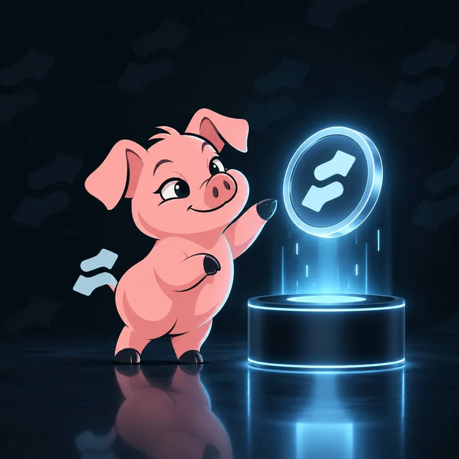 Cartoon pink pig reaching for a glowing Solana coin hologram
